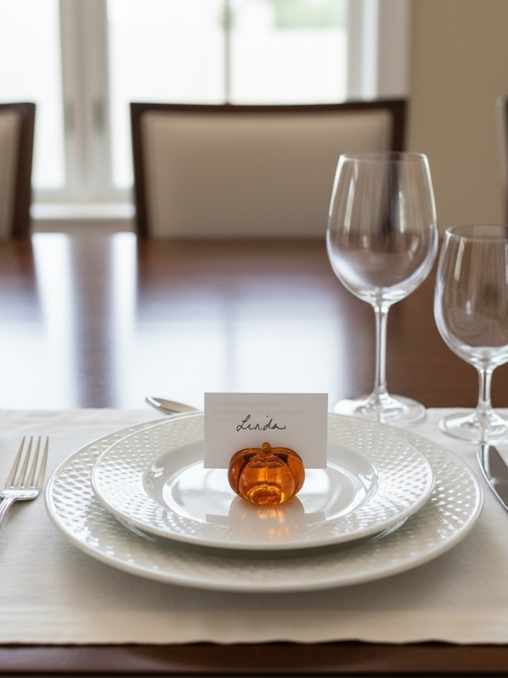 Glass Pumpkin Place Card Holder - Amber